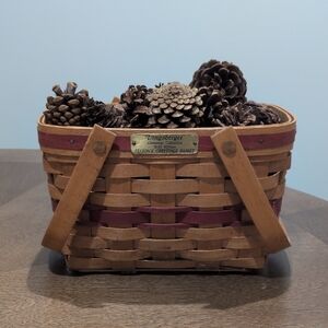 Longaberger Tan and Red Woven Basket with Pinecones
